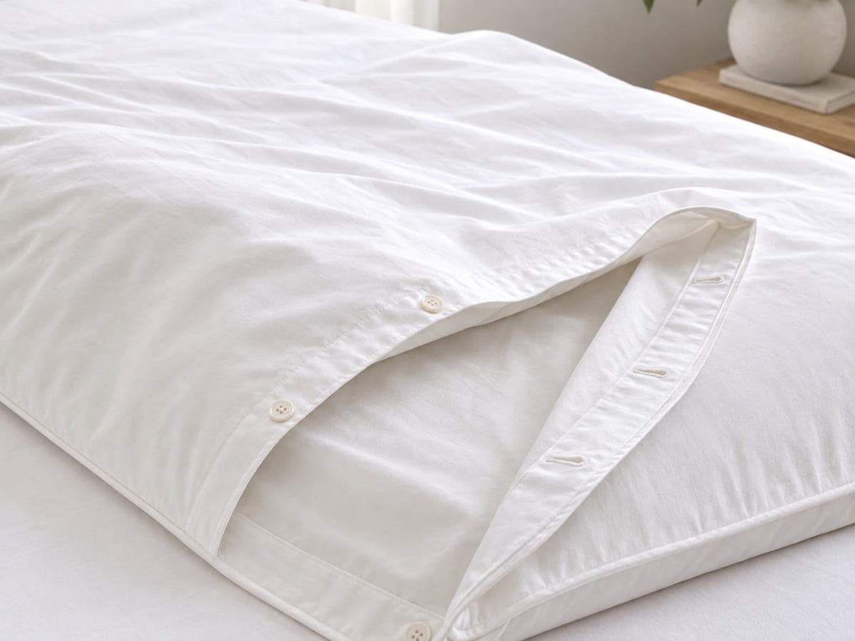 Close-up of a duvet cover showing the fabric, seams and fastening