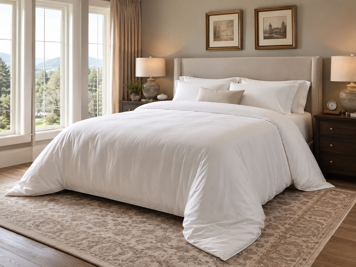 American size bed dressed with a duvet and duvet cover