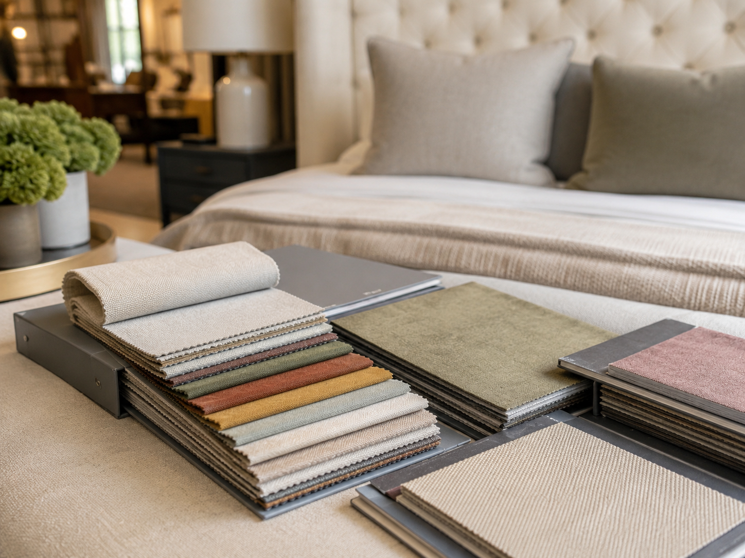 Fabric sample books in a bedroom showroom setting, showing upholstery choices for made-to-order beds